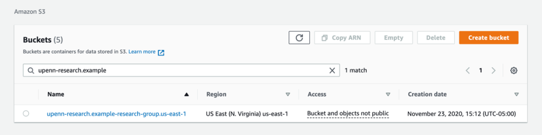 AWS S3 bucket list filtered to example research bucket