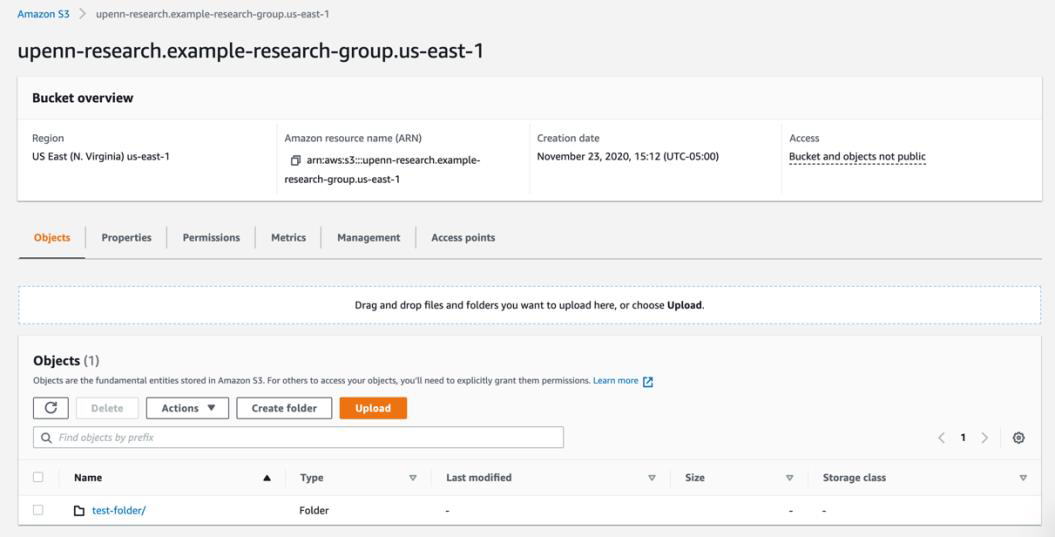 AWS S3 example bucket overview with test-folder