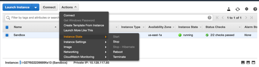 EC2 instance list with Actions/Instance State menu for Sandbox