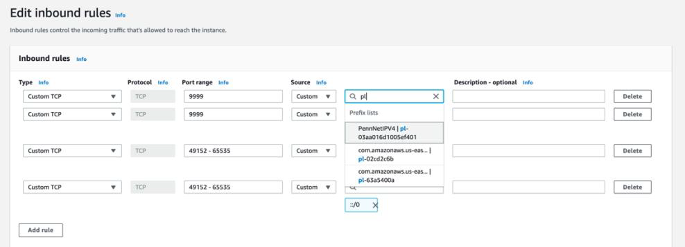 AWS EC2 security group edit inbound rules with prefix list dropdown