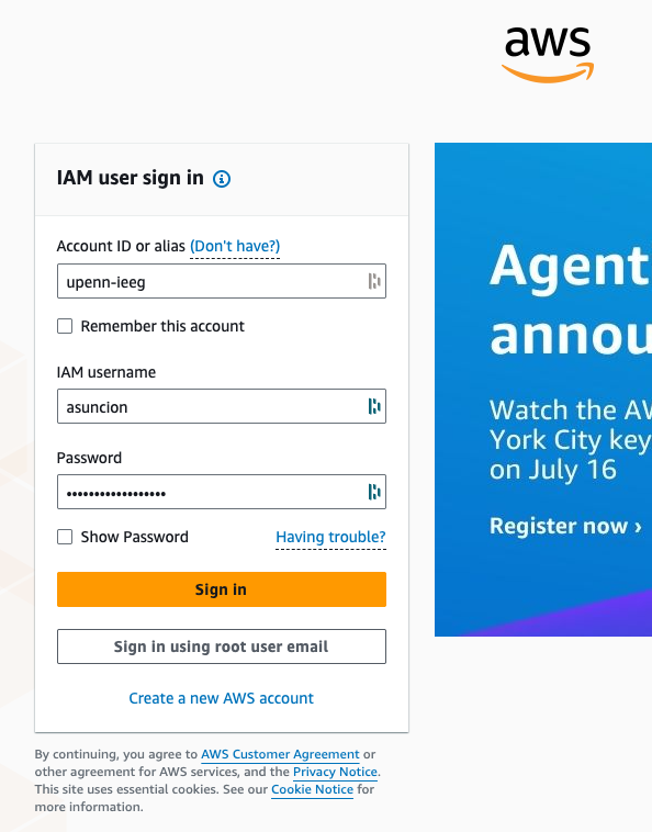AWS IAM sign-in form, account upenn-ieeg, user asuncion, masked password