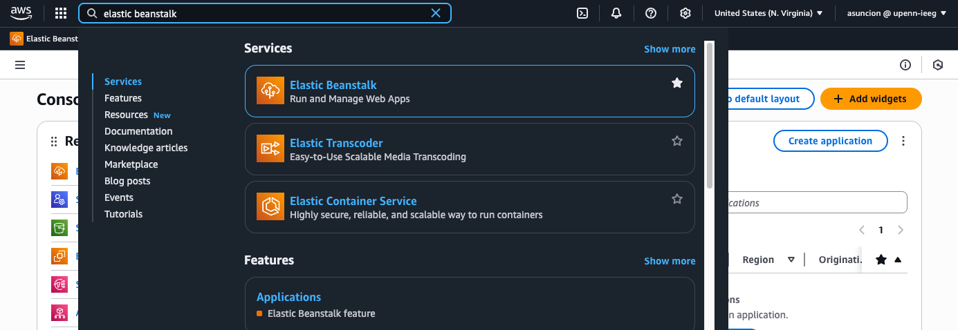 AWS console search for Elastic Beanstalk