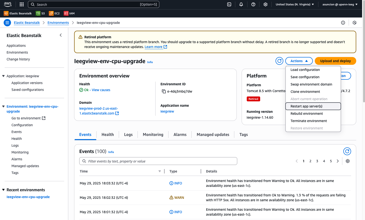 Elastic Beanstalk ieegview environment page with Actions menu open