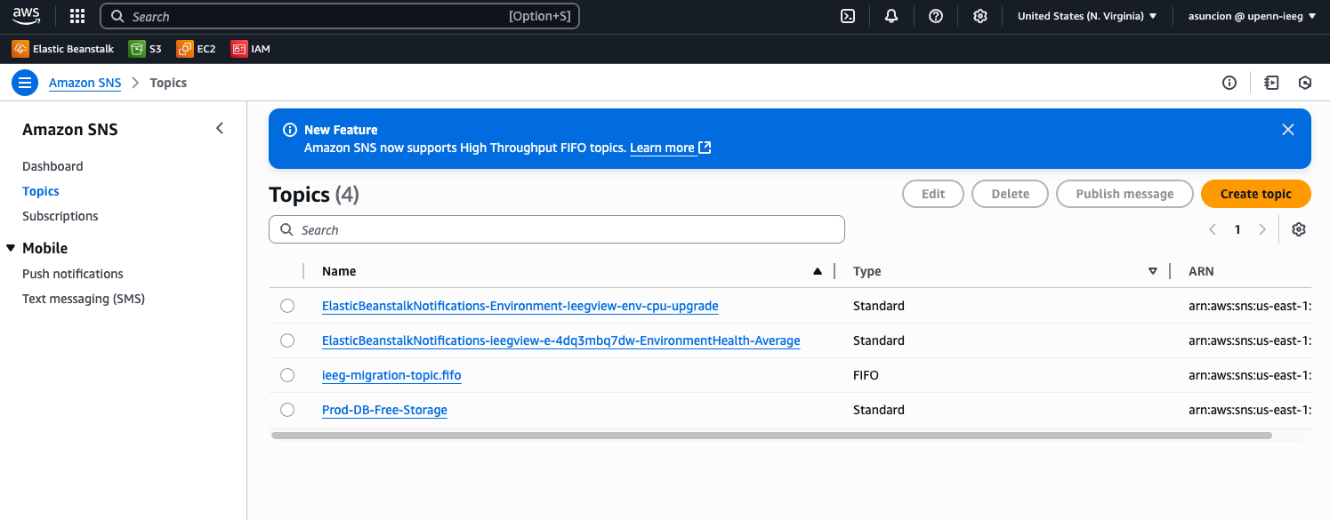 AWS SNS topics list for ieegview environment