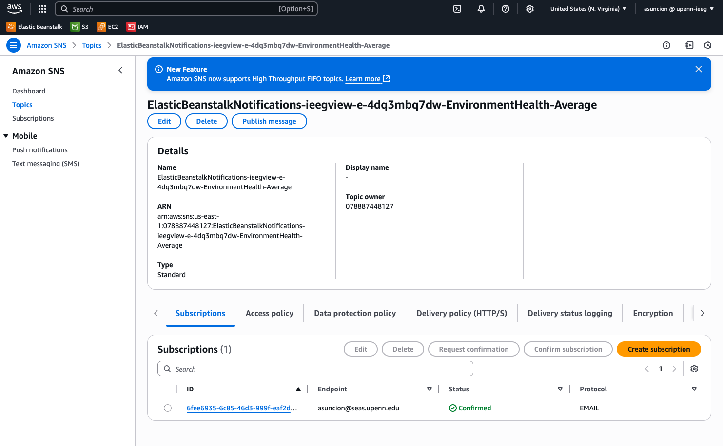 AWS SNS topic details with ARN, account ID and staff email subscription
