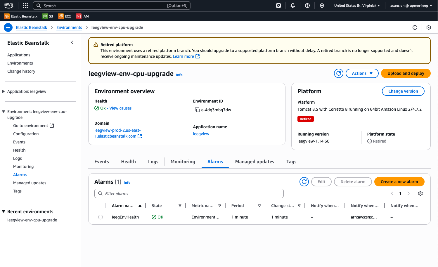 Elastic Beanstalk ieegview environment Alarms tab