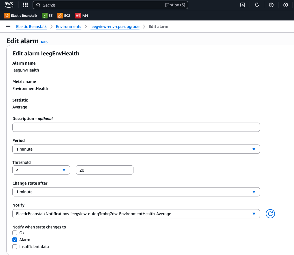 AWS Elastic Beanstalk edit alarm IeegEnvHealth form