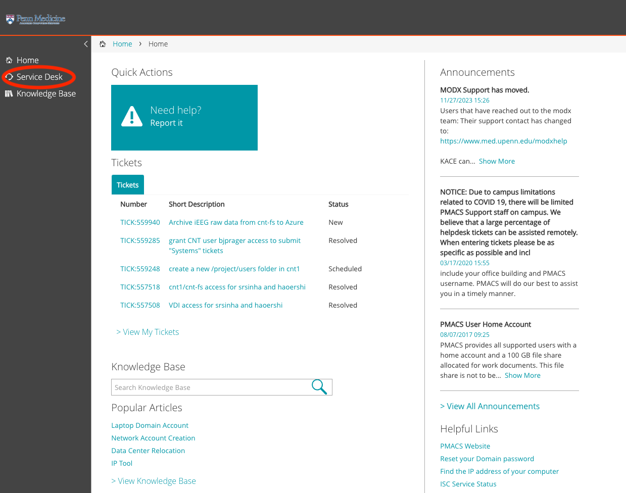 PMACS Service Desk home page with Service Desk highlighted