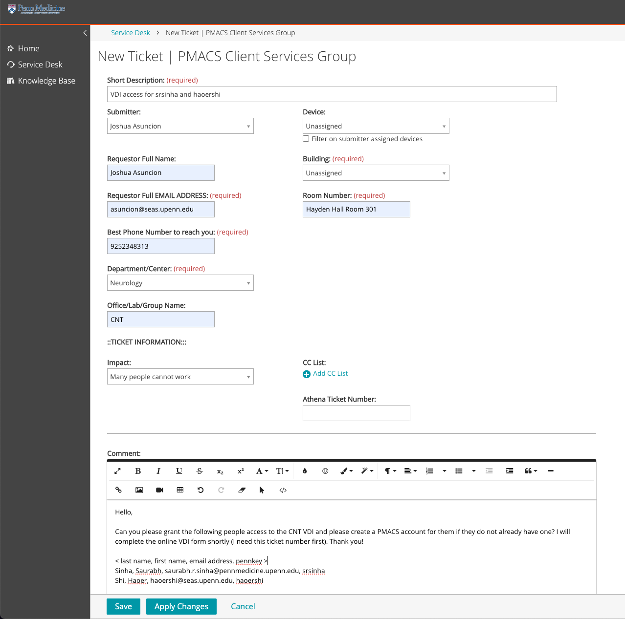 PMACS Client Services VDI access ticket form; staff names/emails/phone