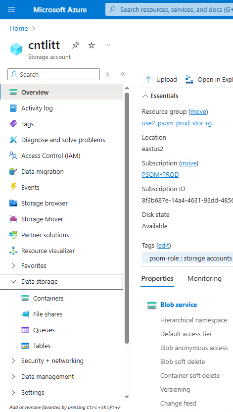 Azure storage account cntlitt overview; partial subscription ID visible