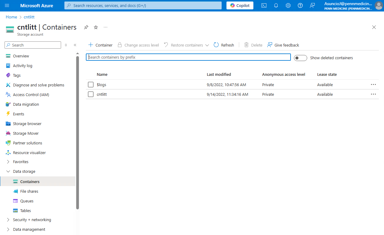 Azure cntlitt Containers list ($logs, cntlitt)