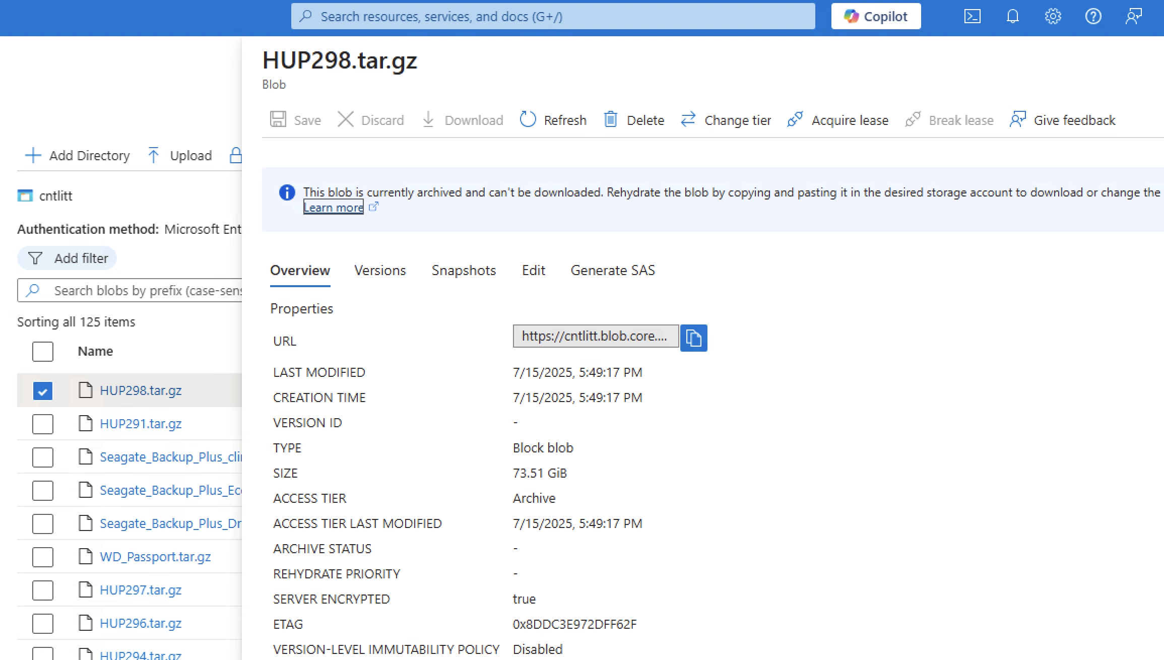 Azure blob properties for HUP298.tar.gz archived blob