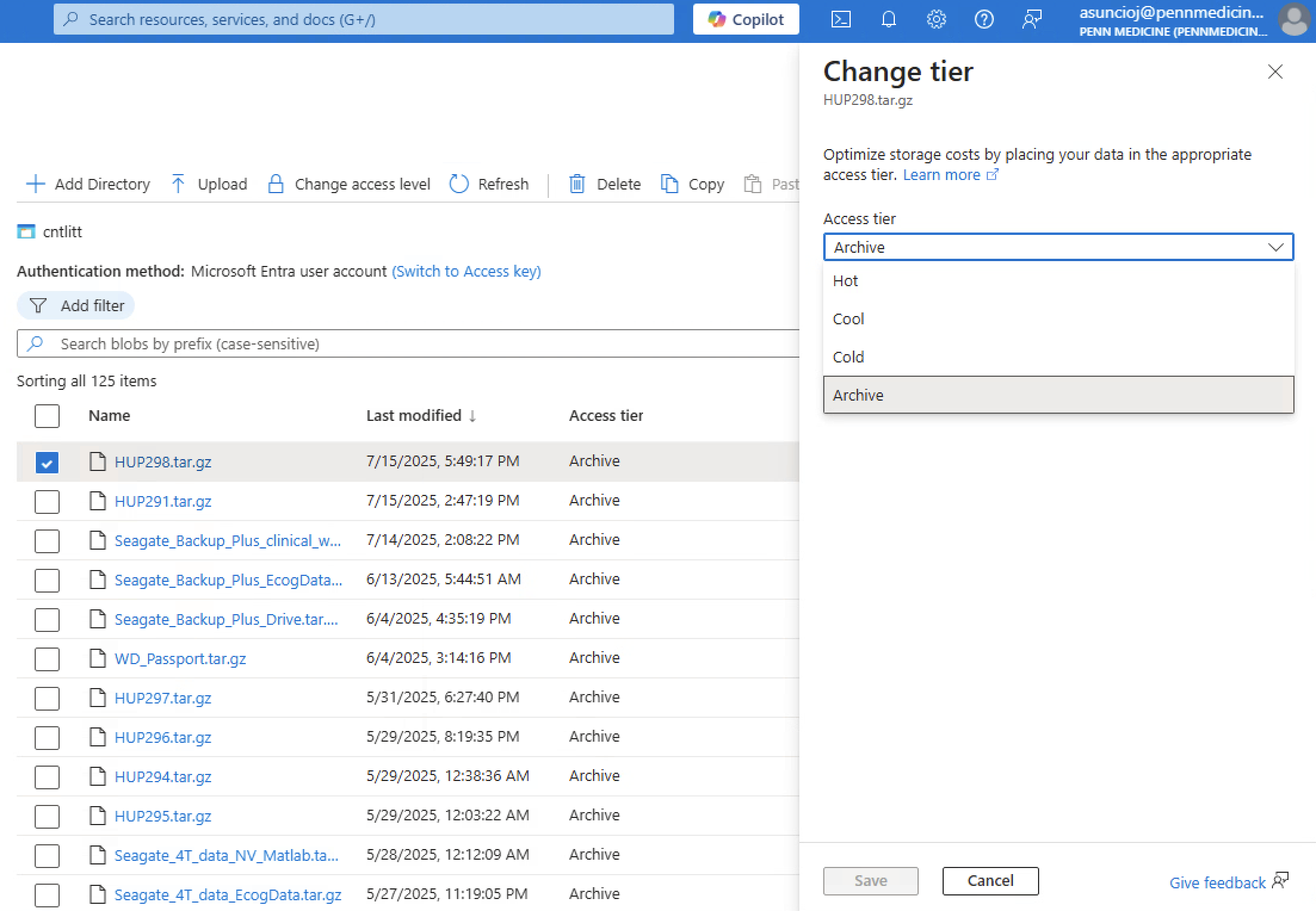 Azure blob container listing HUPxxx.tar.gz archives, Change tier panel