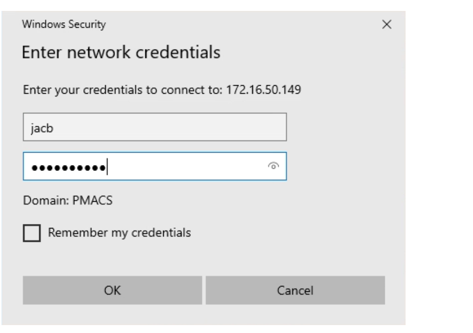 Windows credential prompt for 172.16.50.149, user jacb, password masked