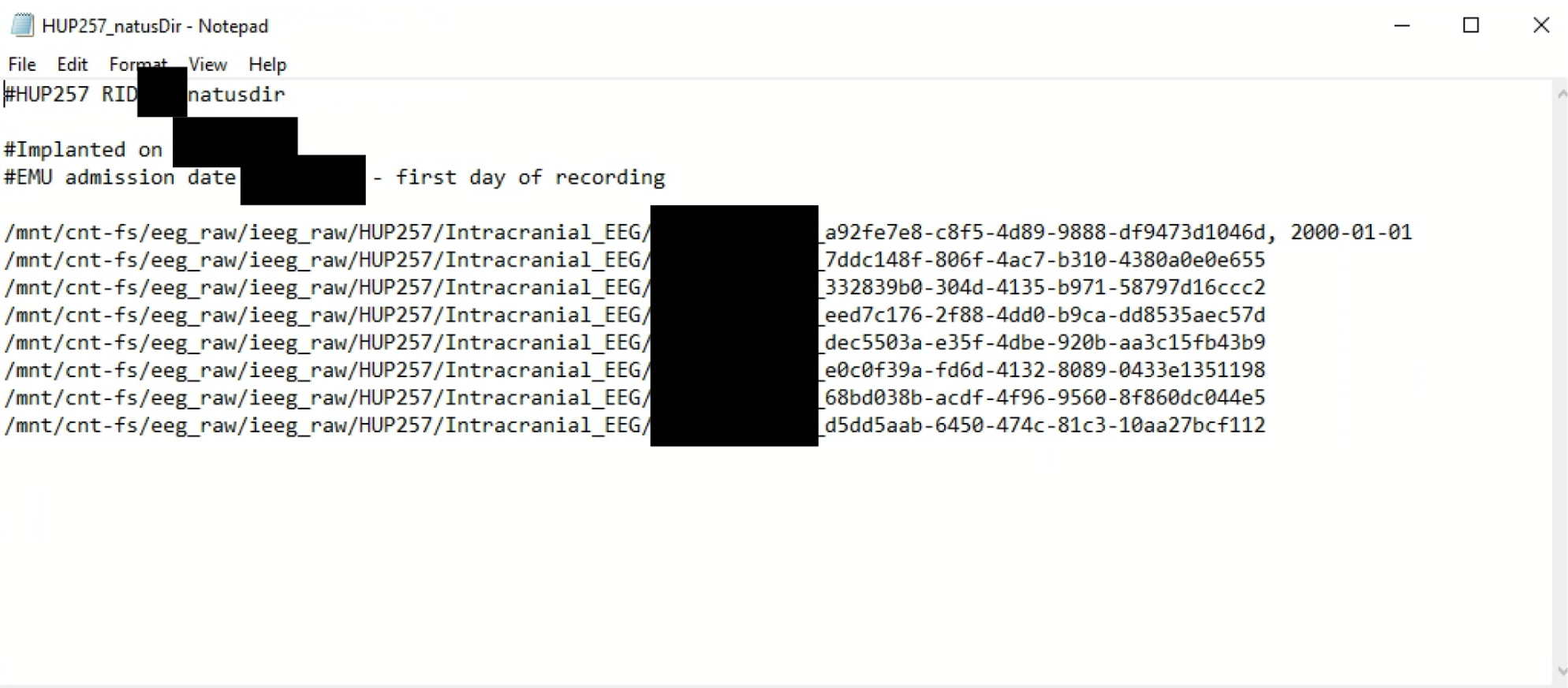 HUP257 natusDir notepad; RID, implant/admission dates and folder names redacted with black boxes