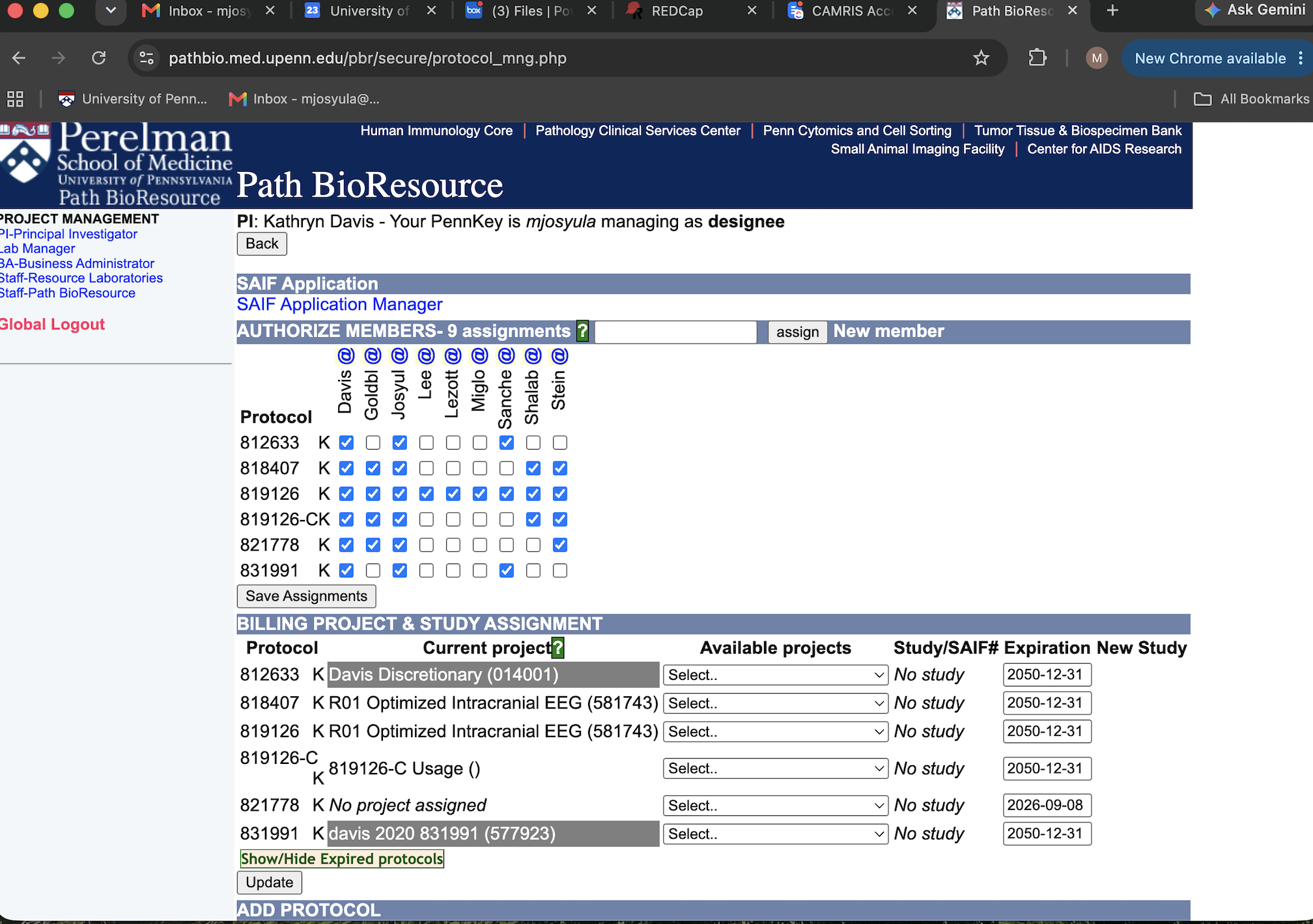 Path BioResource protocol/member authorization matrix with staff surnames and grant numbers