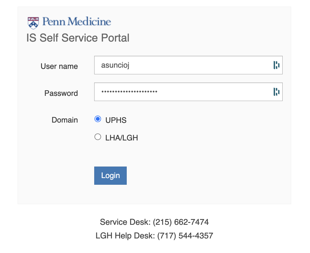 IS Self Service Portal login, user asuncioj, masked password