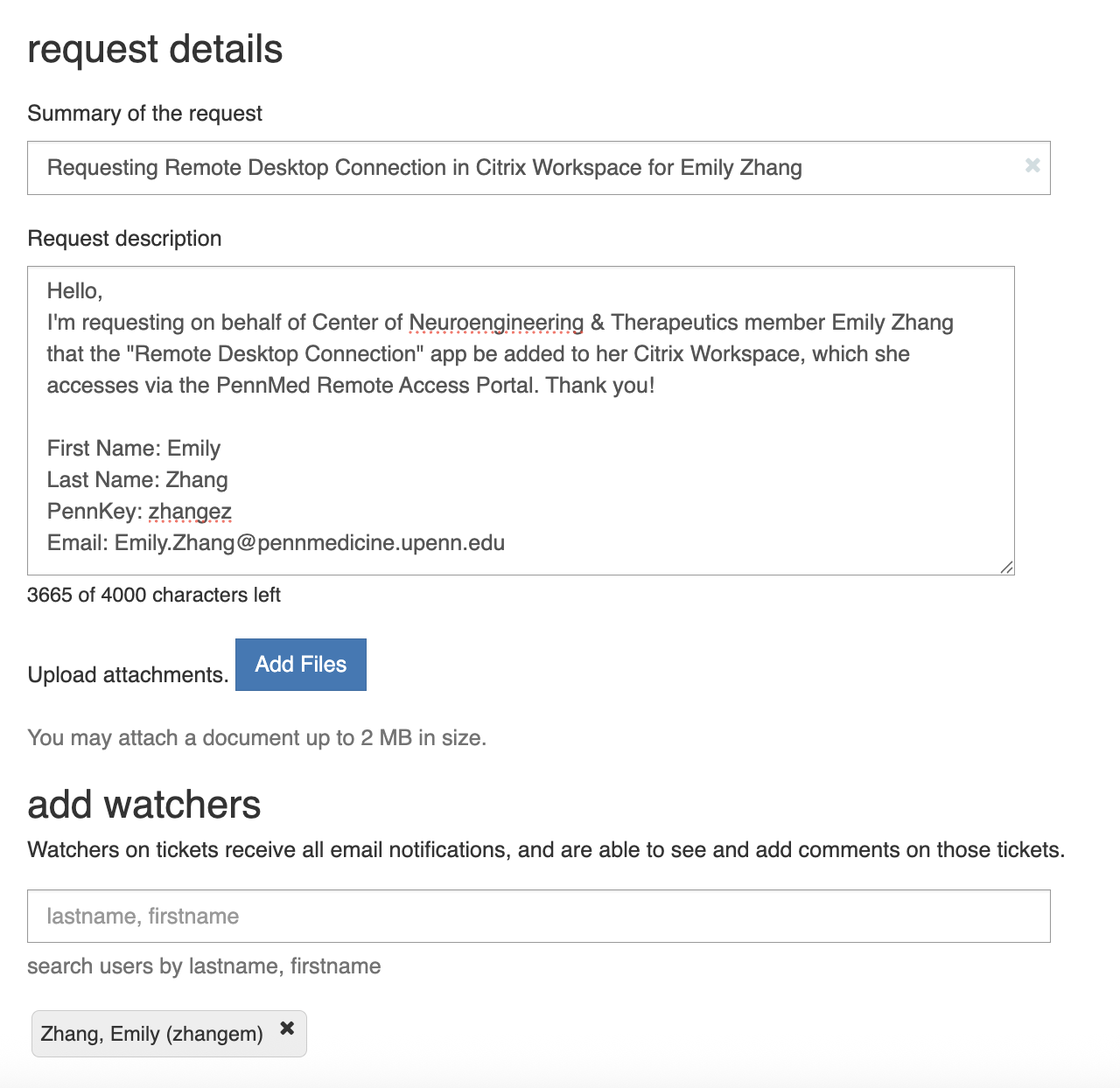 IS portal request details for Citrix Remote Desktop for staff