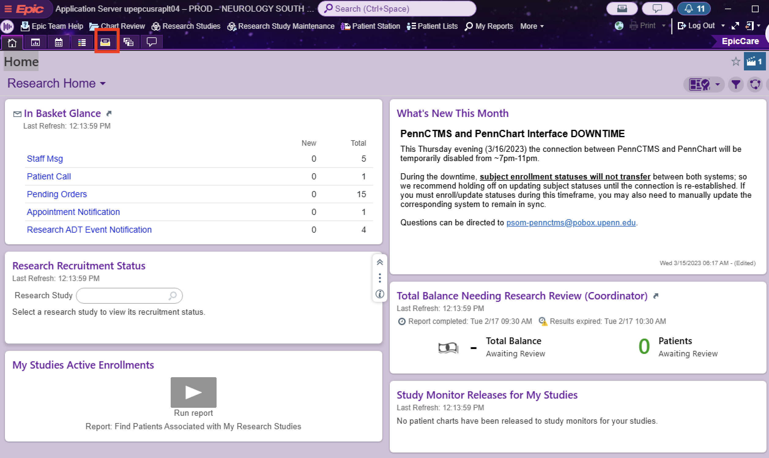 Epic Research Home dashboard with In Basket icon highlighted