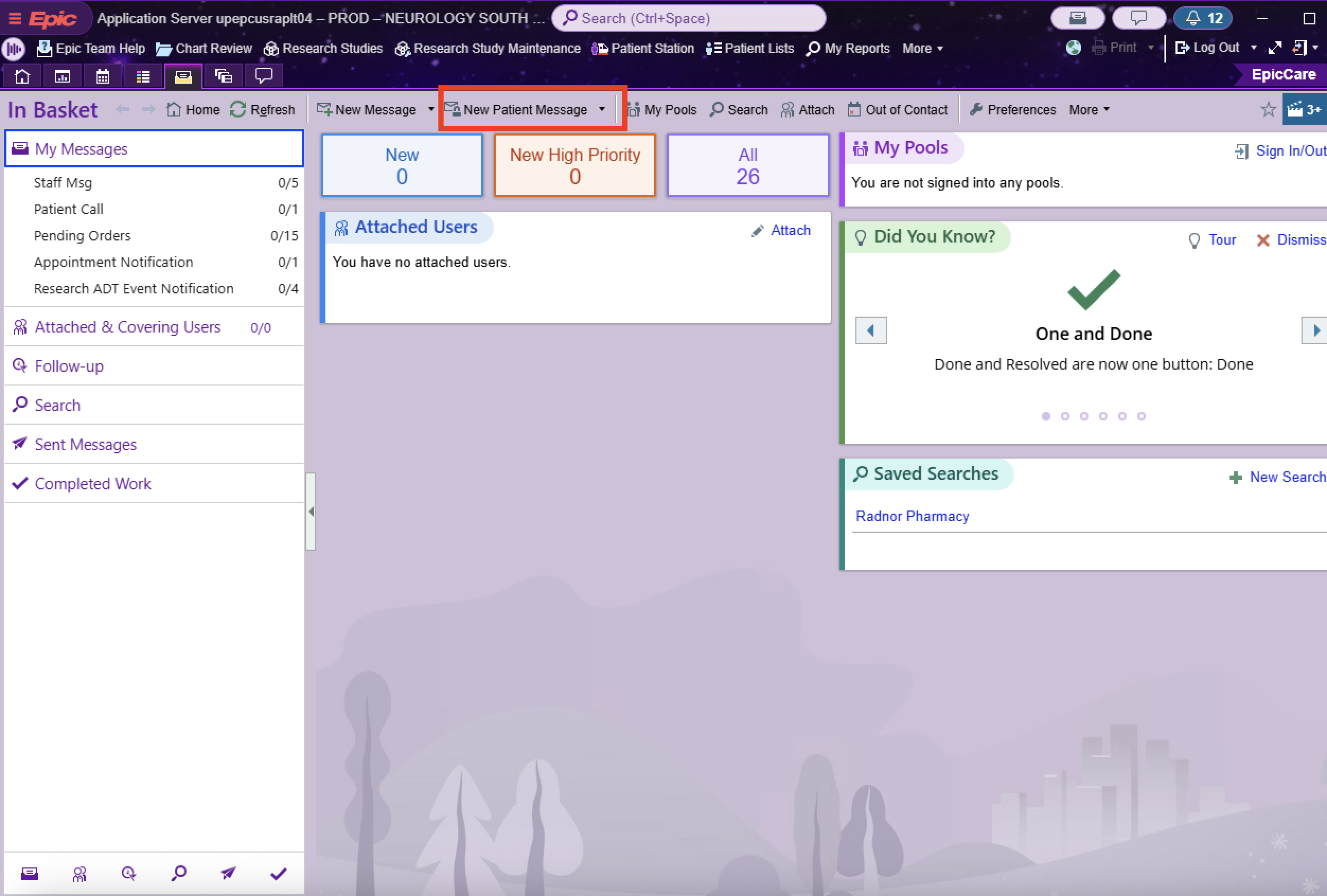 Epic In Basket home with New Patient Message button highlighted