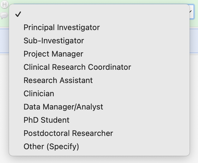 REDCap study role dropdown (PI, CRC, etc.)