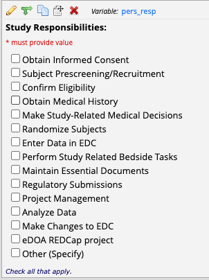 REDCap Study Responsibilities checkbox field (pers_resp)