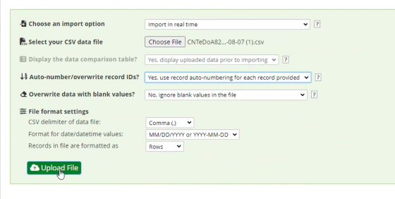 REDCap Data Import Tool CSV upload options