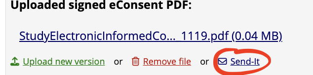 REDCap uploaded eConsent PDF link with Send-It circled