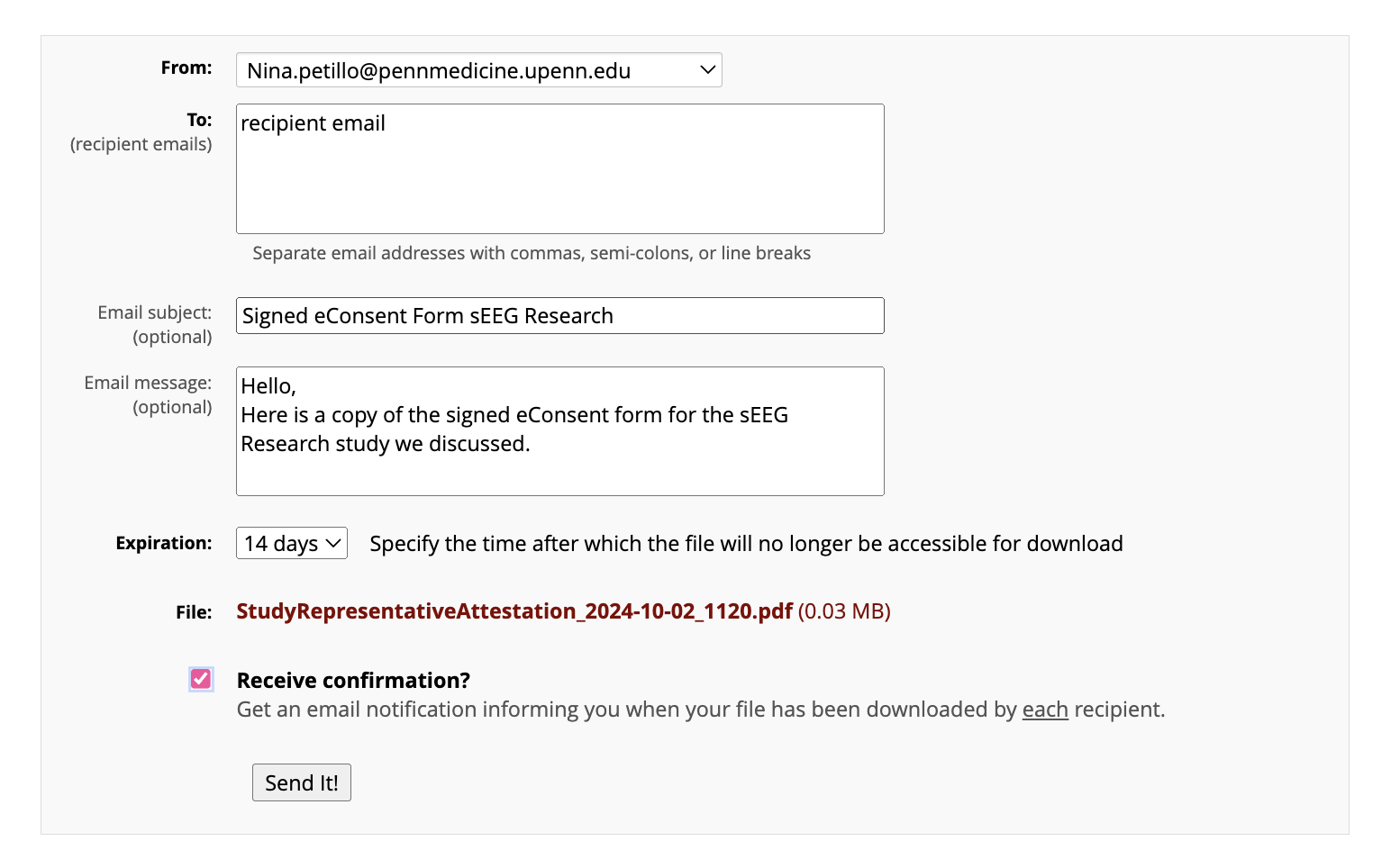 REDCap Send-It compose form; staff sender email, placeholder recipient