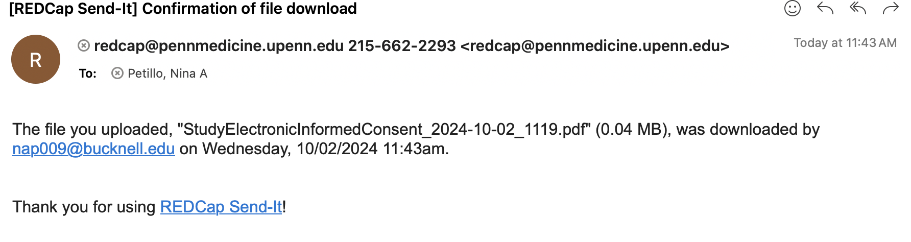 REDCap Send-It download confirmation email to staff; downloader nap009@bucknell.edu (staff initials, test)