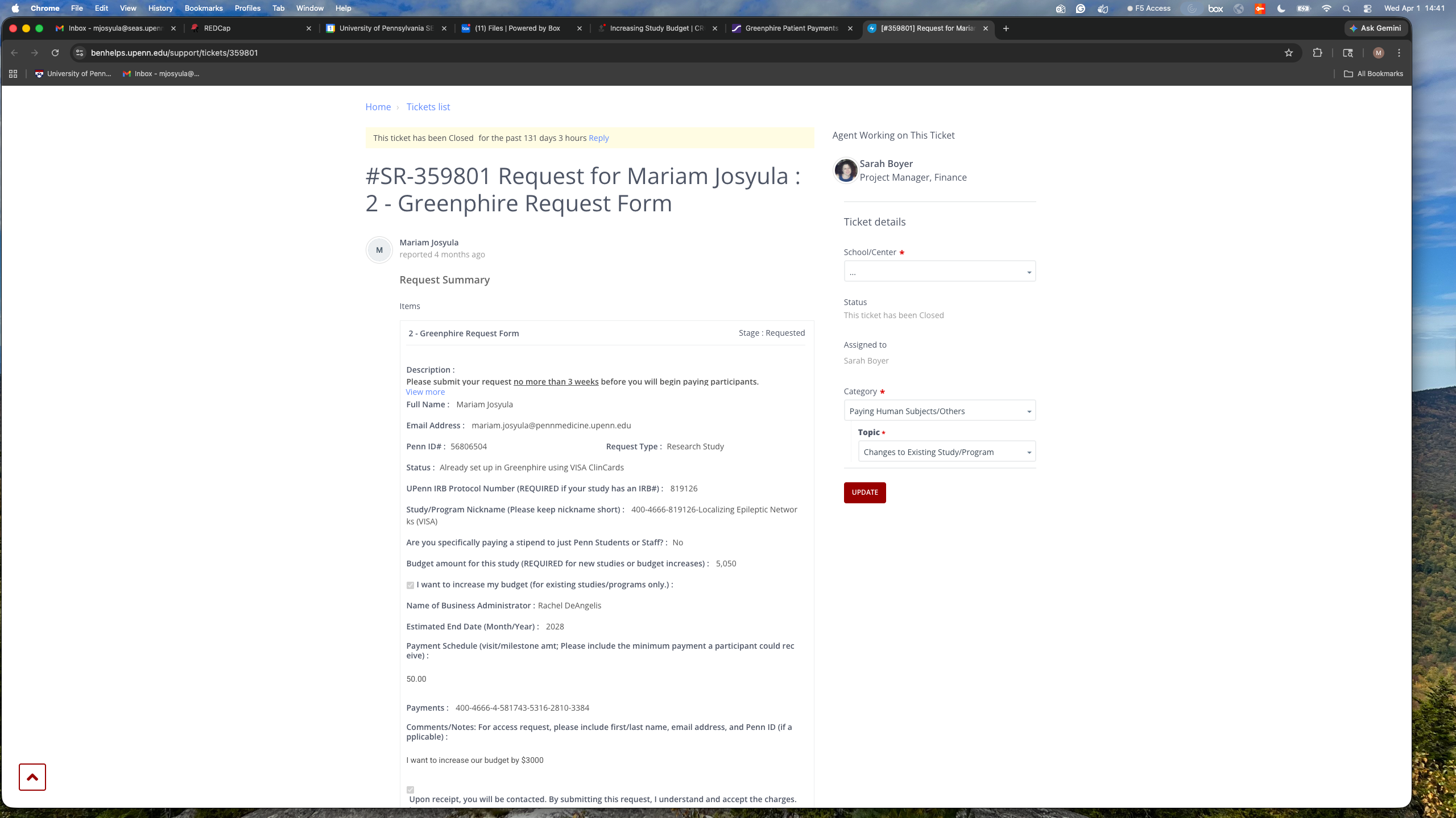 BEN Helps Greenphire request ticket header and request summary
