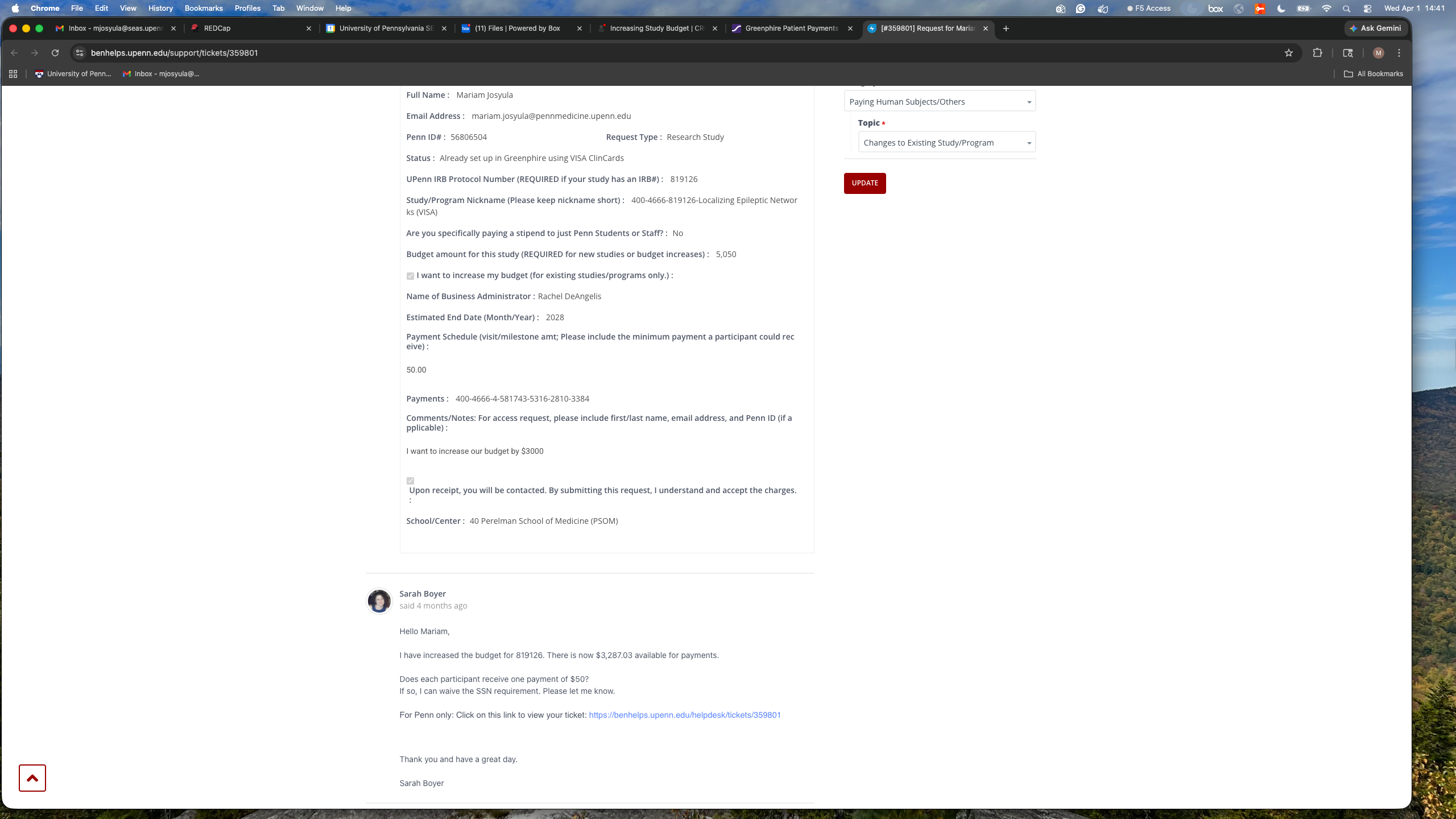 BEN Helps Greenphire budget ticket detail with staff reply
