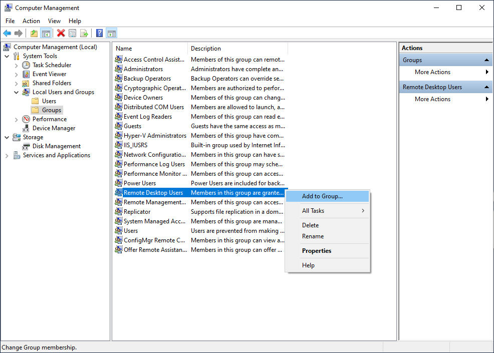 Windows Computer Management local groups, Remote Desktop Users context menu