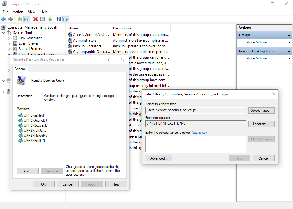 Remote Desktop Users group members (UPHS staff usernames), add-user dialog