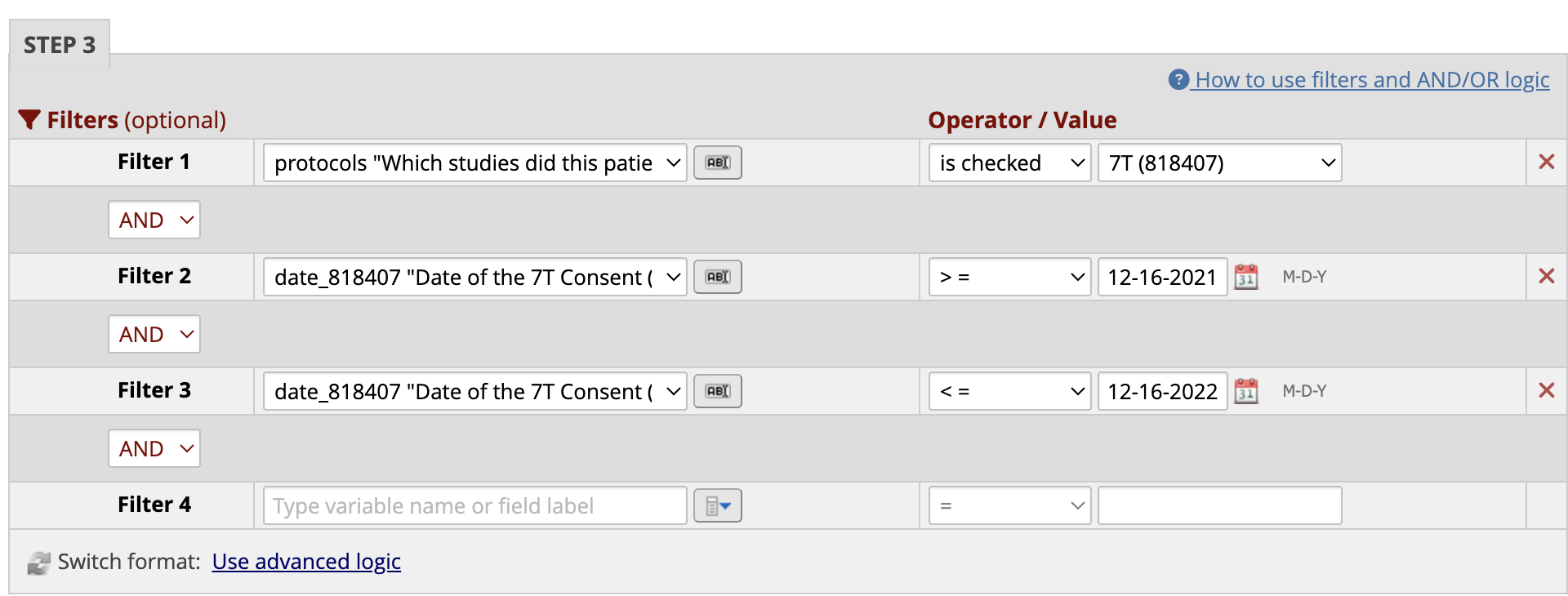 REDCap report filter setup for 7T consent date range; no records shown