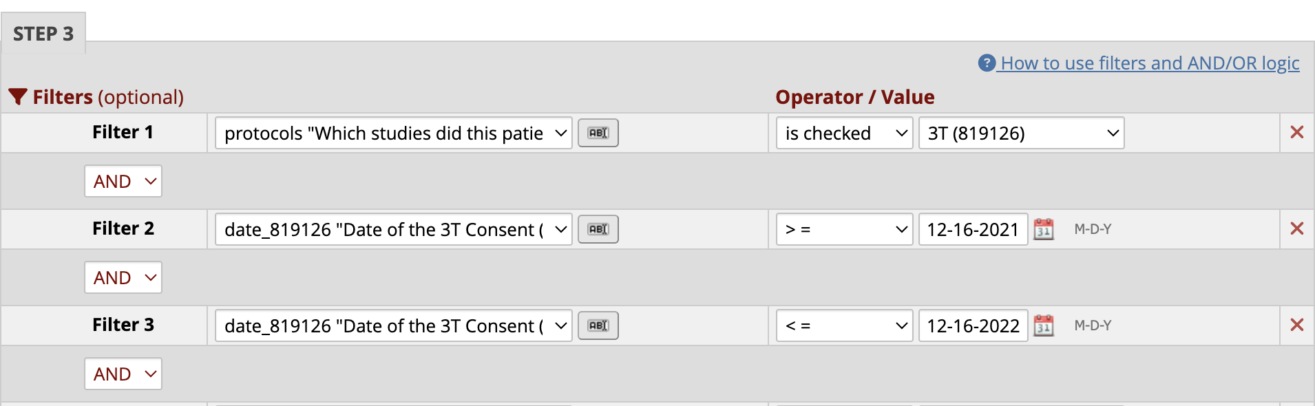 REDCap report filter setup for 3T consent date range; no records shown