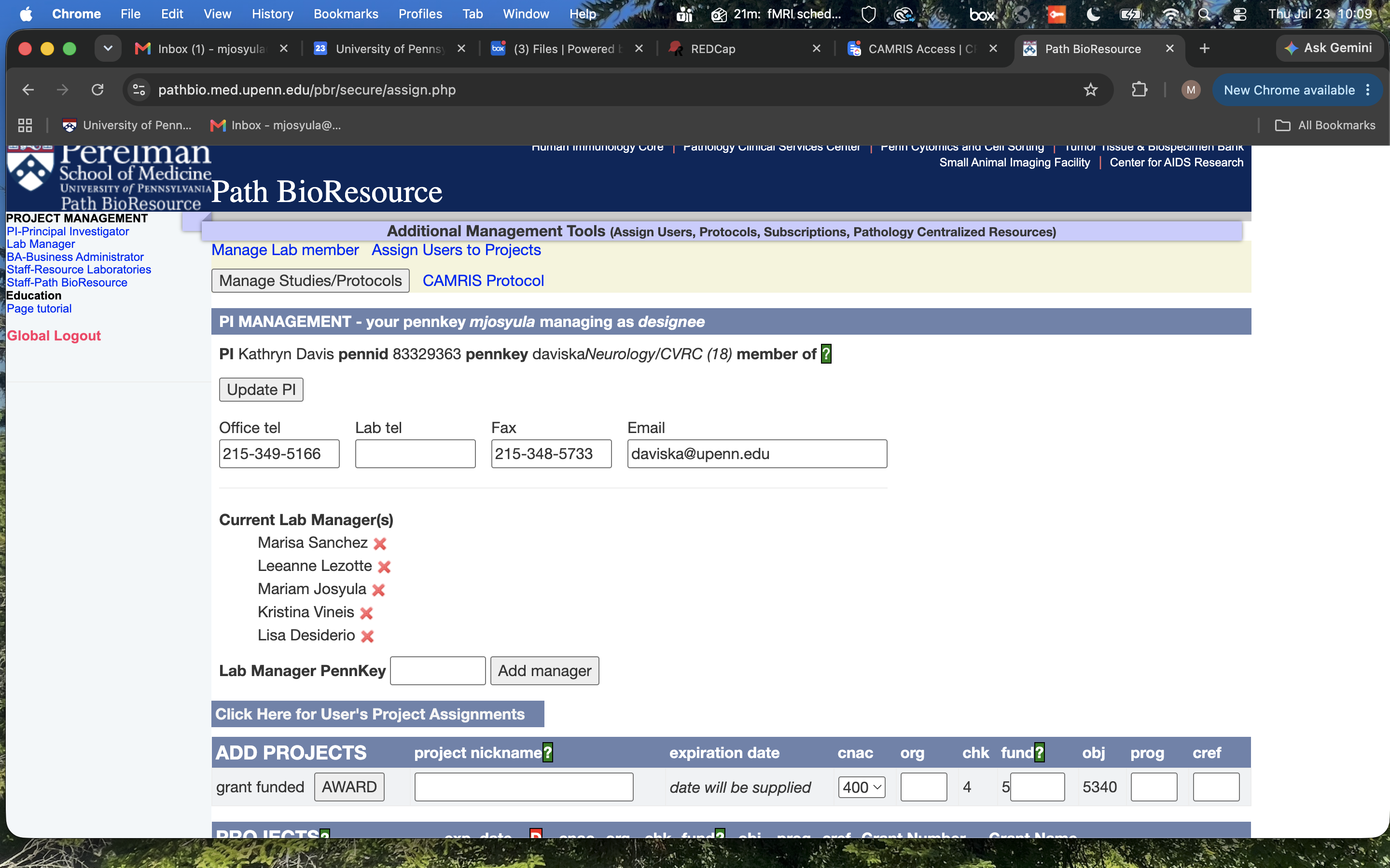Duplicate of Path BioResource PI management page (staff info only)