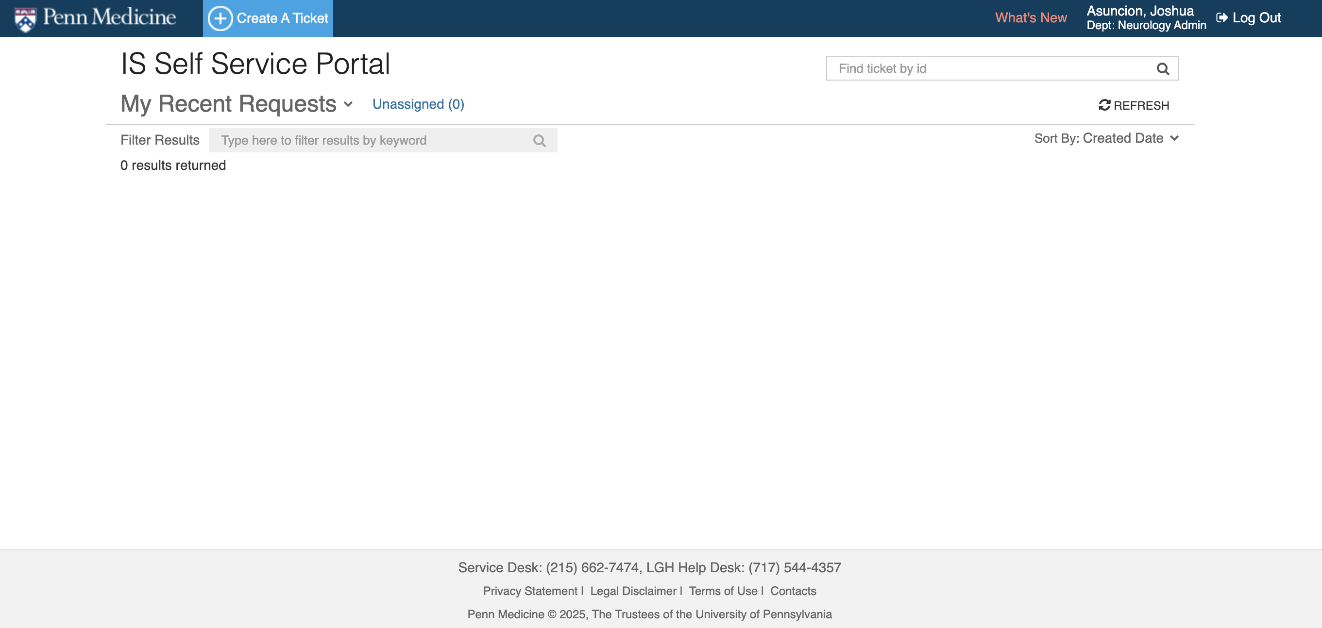 Penn Medicine IS Self Service Portal, empty recent requests