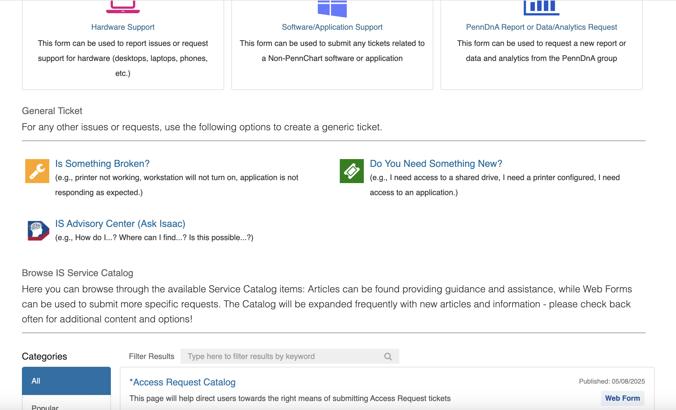 IS Self Service Portal ticket type options and service catalog