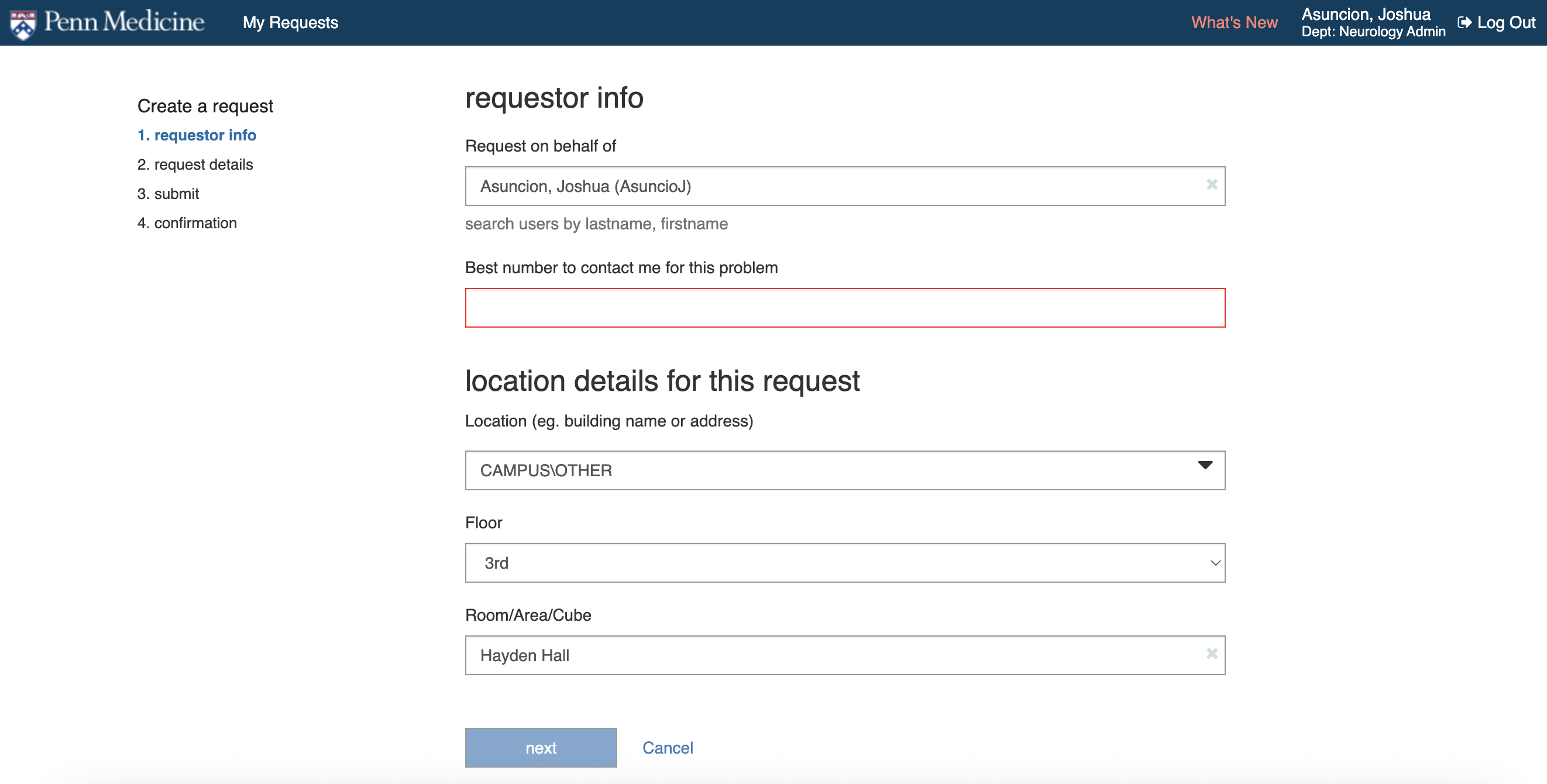 IS portal requestor info form with staff name and location