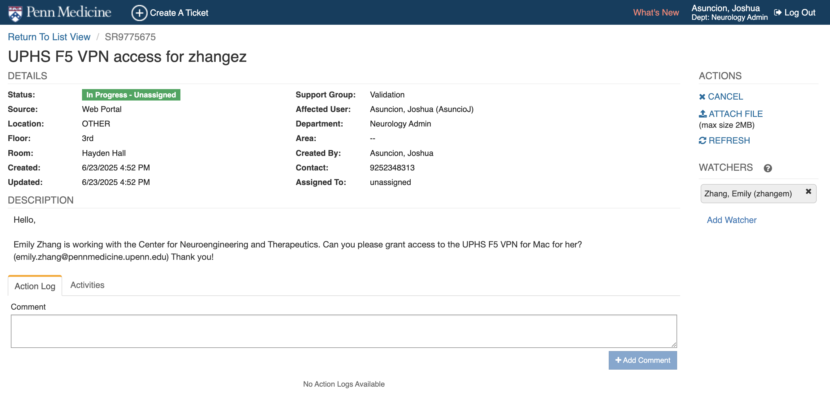 IS portal ticket SR9775675 for staff VPN access