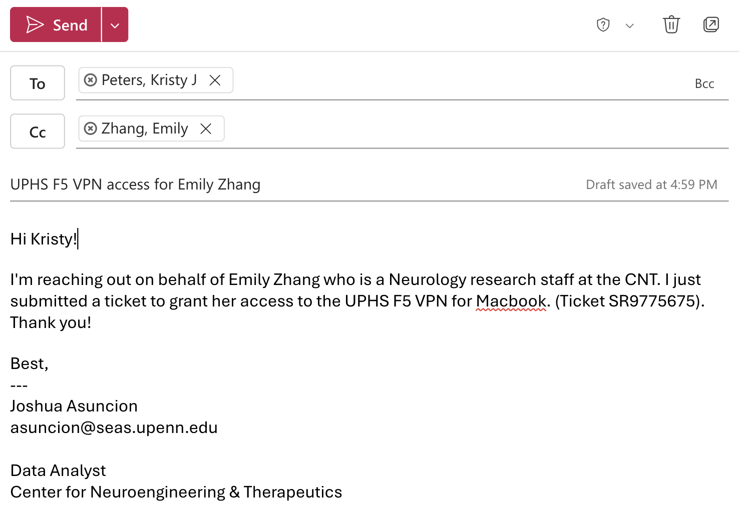 Outlook draft email to IT about staff VPN access