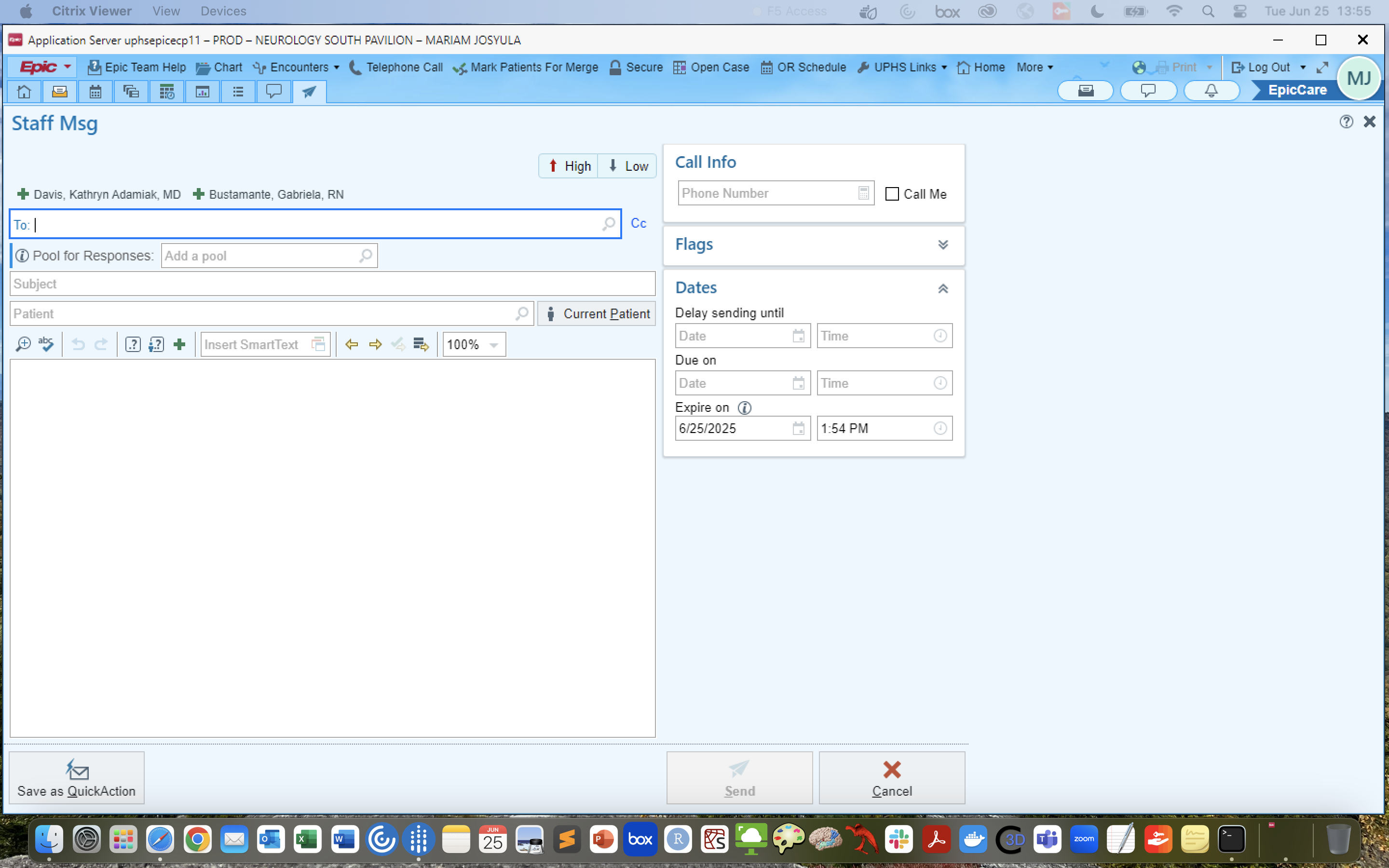 Epic Staff Msg blank compose screen; clinician names, no patient loaded