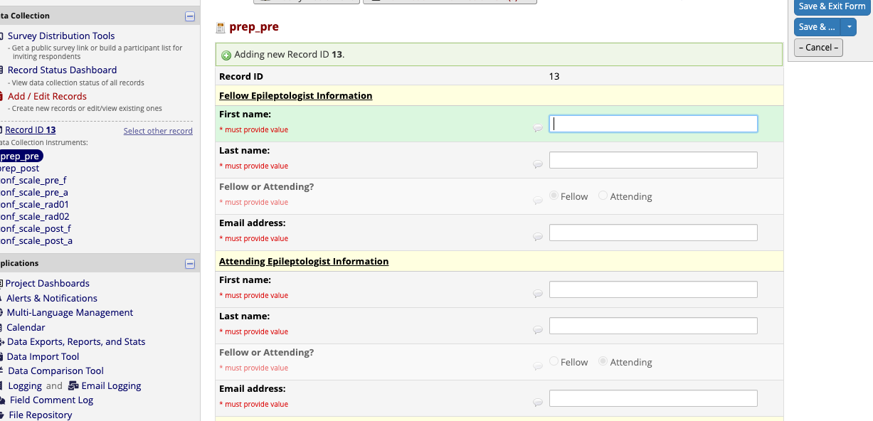 REDCap new record 13 entry form, epileptologist info fields empty