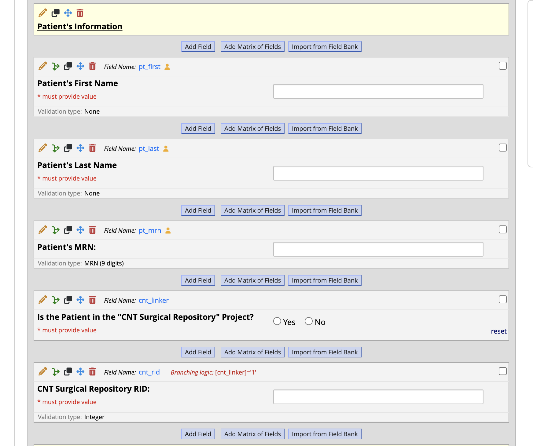 REDCap Online Designer showing patient name/MRN field definitions, empty